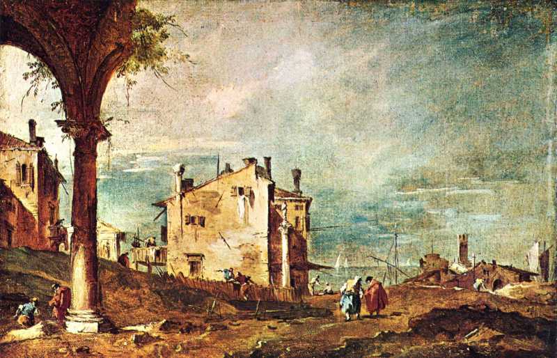 Ruinenarkade und Bauernhaeuser bei der Lagune