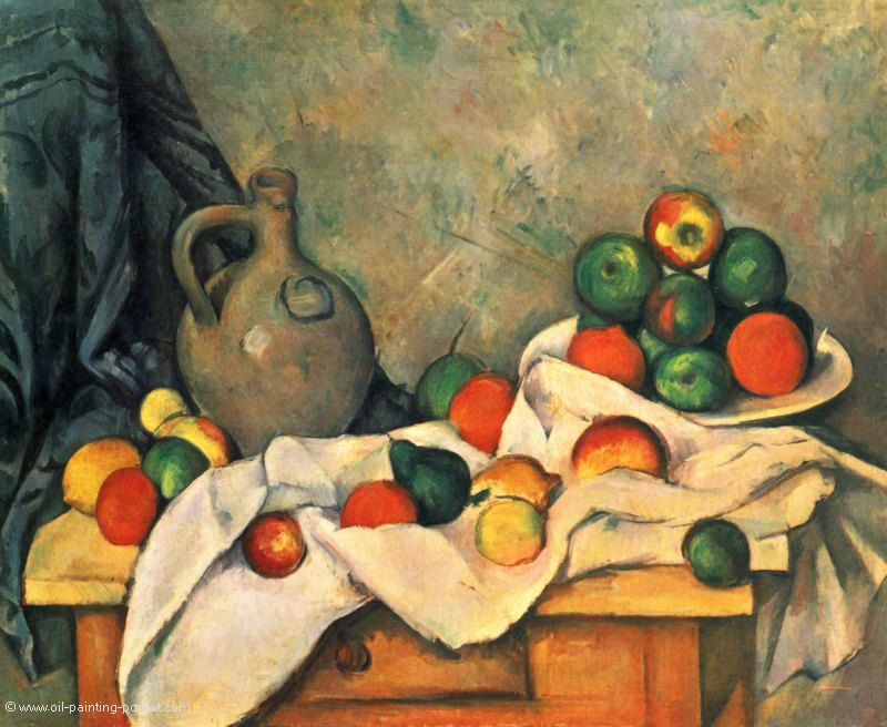 Stillleben, Draperie, Krug und Obstschale
