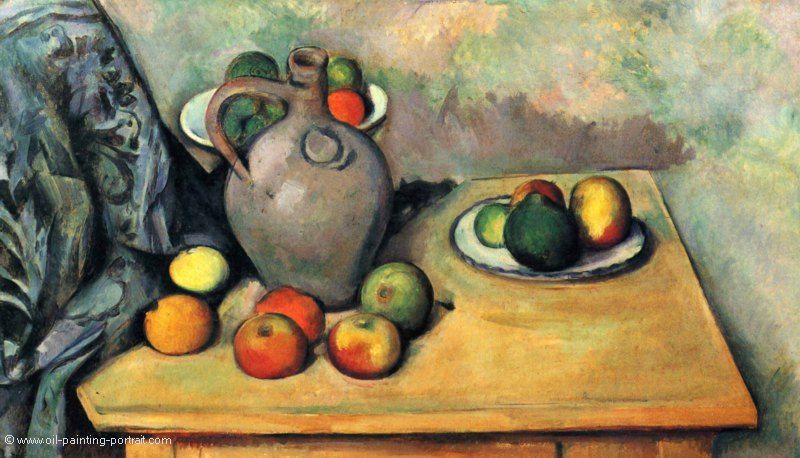 Stillleben, Krug und Fruechte auf einem Tisch