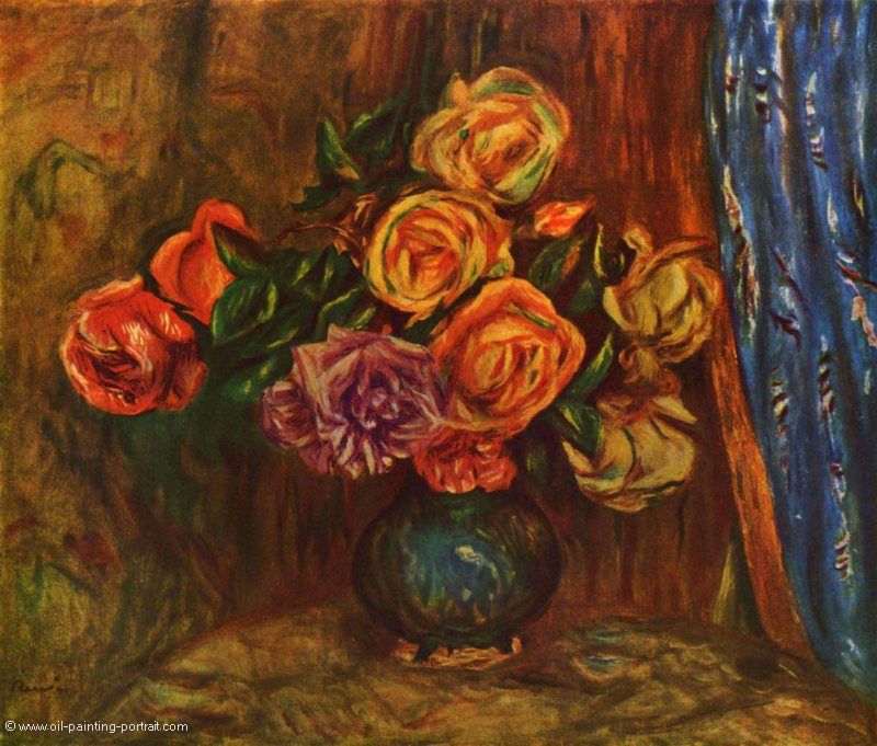 Stillleben, Rosen vor Blauem Vorhang