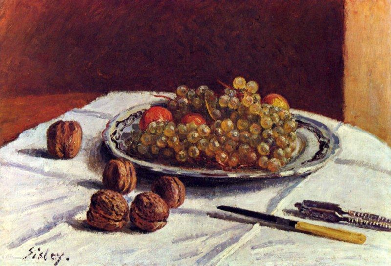 Stillleben, Trauben und Nuesse