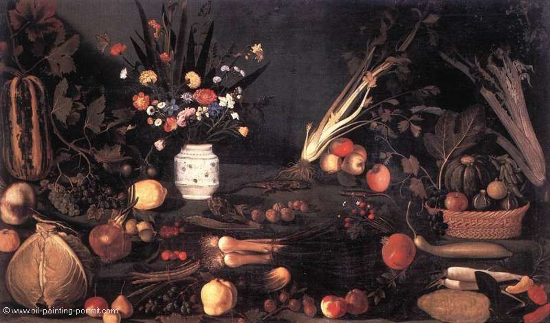 Stillleben mit Blumen und Fruechten