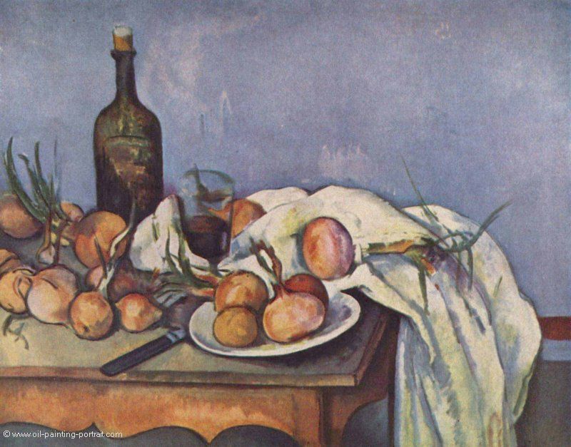 Stillleben mit Flasche und Zwiebeln