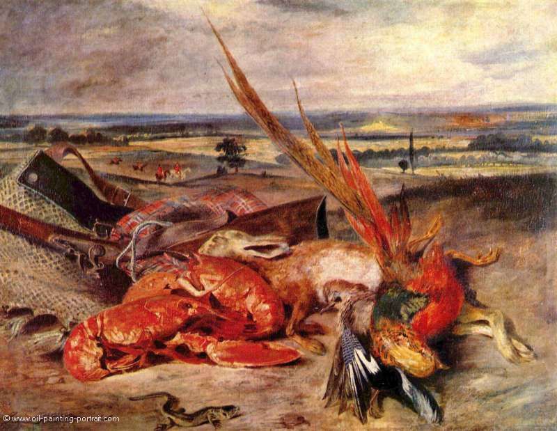 Stillleben mit Hummer und Trophaeen der Jagd und des Fischfangs
