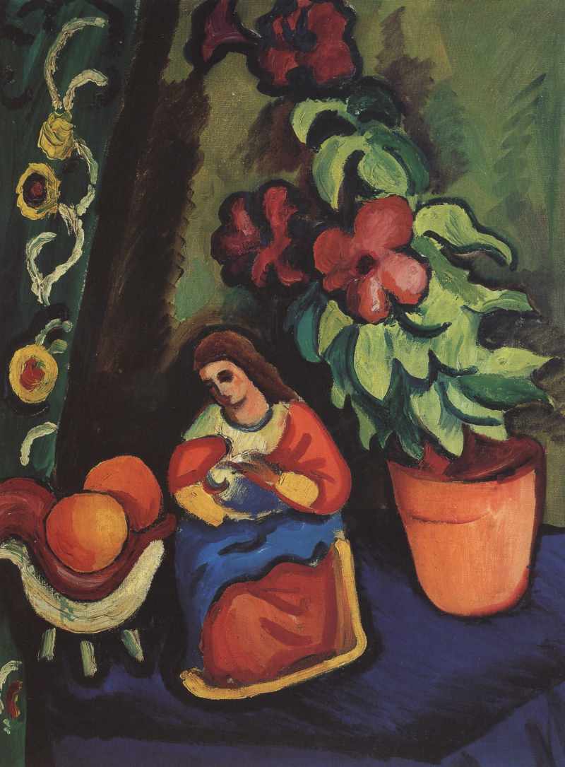 Stillleben mit Madonna, Petunie und Aepfeln