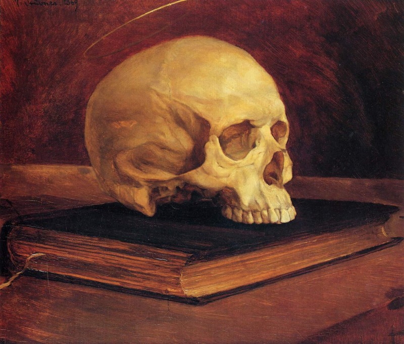 Vanitas Stillleben (Totenkopf auf einem Buch)