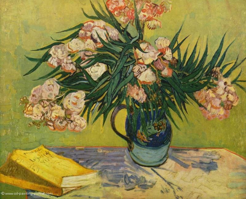 Vase mit Oleander und Buechern (Stillleben)