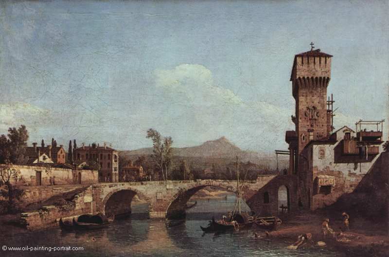Veneto, Fluss, Bruecke und mittelalterliches Stadttor