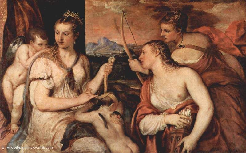 Venus verbindet Amor die Augen