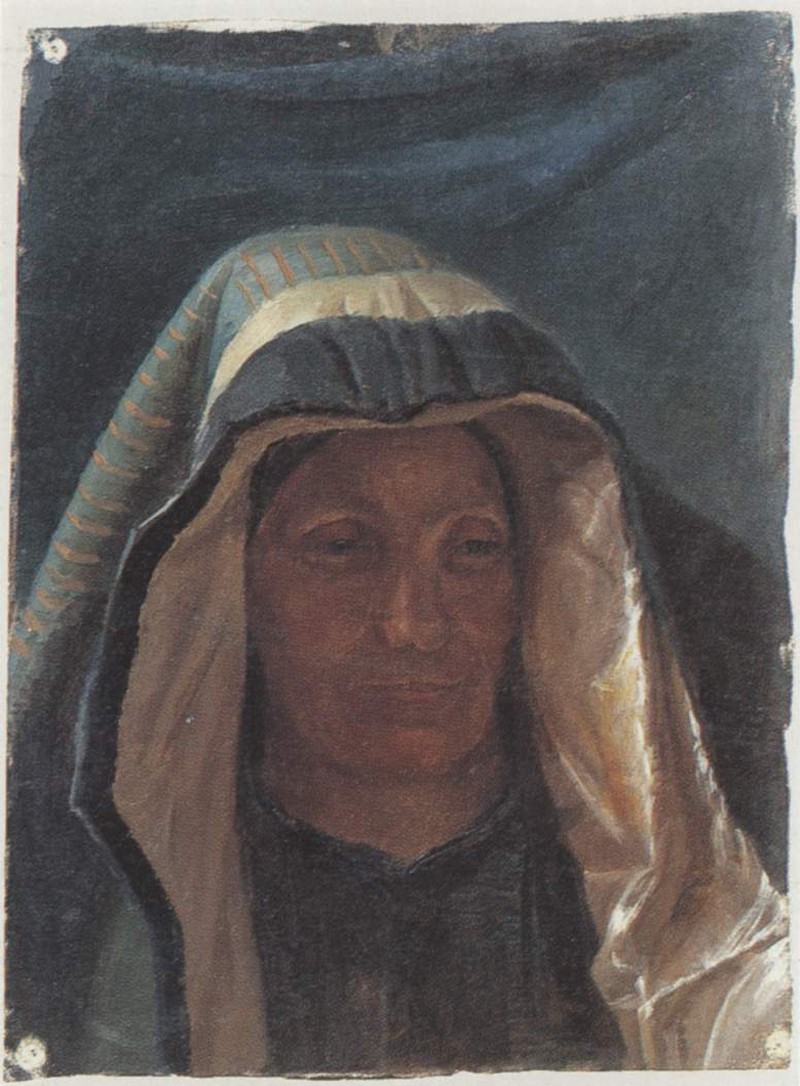 Weibliche Modellfigur mit drapierter Kopfbedeckung im Stile Rembrandts