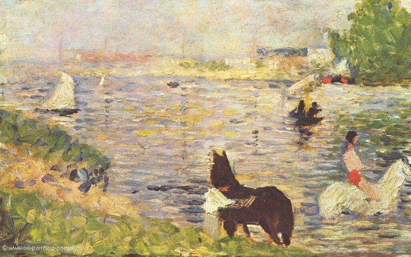 Weisses und schwarzes Pferd im Fluss