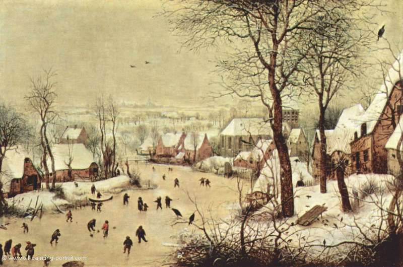 Winterlandschaft mit Eislaeufern und Vogelfalle