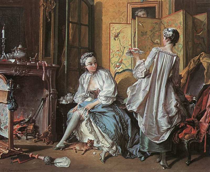 Woman Fastening her Garter with her Maid