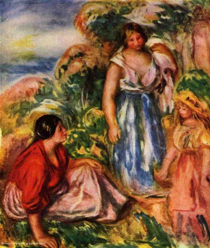 Zwei Frauen mit jungem Maedchen in einer Landschaft