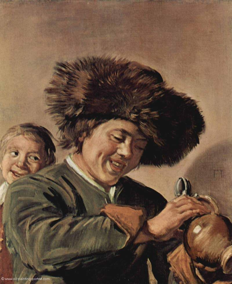 Zwei lachende junge Maenner, einer mit Bierkrug