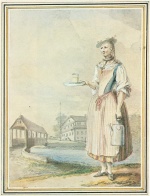 Bild:Junge Frau in Zuger Tracht einen Becher kredenzend