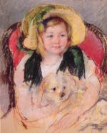 Bild:Sara with Her Dog, in an Armchair, Wearing a Bonnet with a Plum Ornament