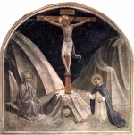 Bild:Kreuzigung mit Maria und Heiligem Dominikus, Golgathaberg und Schaedel Adams