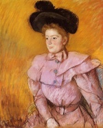 Bild:Femme au chapeau noir et costume couleur framboise