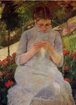Bild:Jeune femme cousant dans un jardin