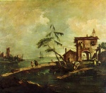 Bild:Église délabrée, ferme et personnages près d´ un affluent de la lagune