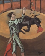 Bild:Arène avec torero et taureau agonisant