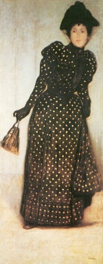 Bild:Femme en robe à pois blancs