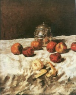 Bild:Pommes sur nappe blanche avec boîte de fer-blanc, couteau et pomme pelée