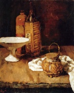Bild:Coupe de fruits, bouteille de grès, bouteille de marasquin, pot de gingembre et serviette