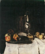 Bild:Cruche d´étain, verre à vin et pommes