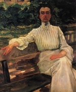Bild:Alice Trübner, la femme de l'artiste, sur le banc du jardin