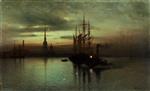 Bild:Harbor with boats at twilight