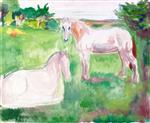 Bild:Two White Horses in a Green Meadow
