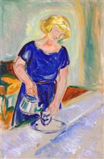Bild:Woman in a Blue Dress Pouring Coffee