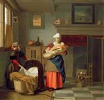 Bild:Nursemaid with baby in an interior and a young girl preparing the cradle