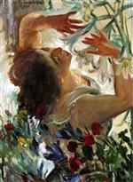 Bild:Woman with Lilies in a Greenhouse