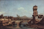 Bild:Veneto, Fluss, Brücke und mittelalterliches Stadttor
