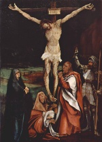 Matthias Gruenewald - paintings - Christus am Kreuz, Drei Marien, Heiliger Johannes Evangelist und Heiliger Linginius