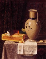 William Michael Harnett - Peintures - Boîte de cigars, pichet et New York Herald