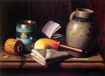 William Michael Harnett - Peintures - Nature morte avec boîte de tabac Three Castles