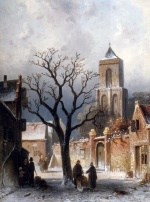 Charles Henri Joseph Leickert - Peintures - Une scène de village sous la neige