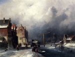 Charles Henri Joseph Leickert - Peintures - Personnages sur un canal gelé dans une ville de Hollande
