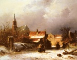 Charles Henri Joseph Leickert - Peintures - Personnages sur un chemin couvert de neige avec ville néerlandaise à l´arrière-plan