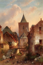 Charles Henri Joseph Leickert - Peintures - Vue d un village allemand avec blanchisseuses