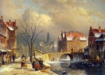 Charles Henri Joseph Leickert - paintings - Winter Villagers on a Snowy Street by a Canal