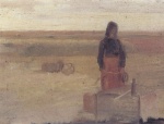 Bild:Heidelandschaft mit junger Frau am Brunnen