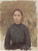 Anna Ancher  - Peintures - Jeune femme habillée en vert assise sur une dune de sable