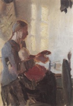 Anna Ancher  - Bilder Gemälde - Junge Mutter beim Spinnen mit ihrem Kind