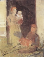Anna Ancher  - Peintures - Mère et  son enfant avec joueur d'harmonica