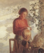 Anna Ancher  - Peintures - Deux jeunes filles apprenant la couture